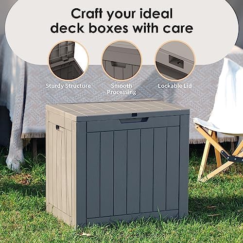 30 Gallon Deck Box, Waterproof Resin Outdoor Storage Box with Lockable Lid, Patio Storage Box with Fade Resistant for Patio Furniture Cushions, Pool Accessories, Garden Tools, Light Coffee
