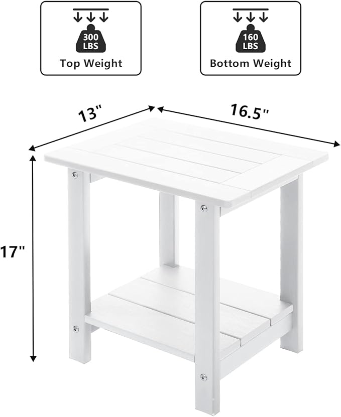 Meluvici Double Adirondack Outdoor Side Table Weather Resistant, Patio Rectangular End Table for Adirondack Chair, White