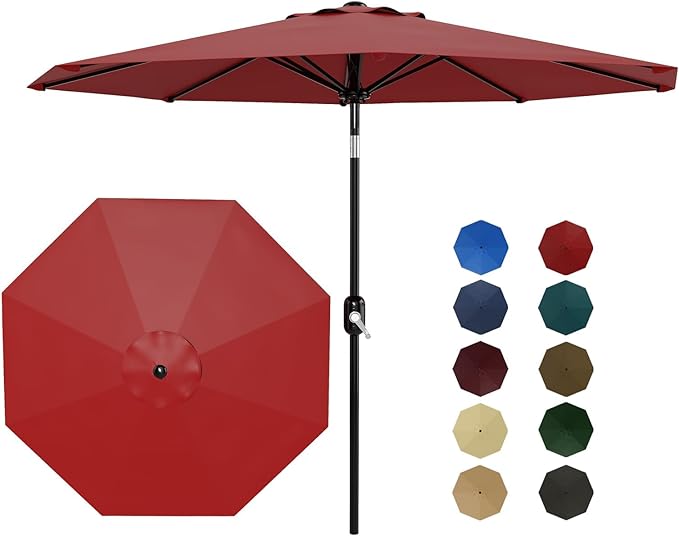 Garvee 9 ft Patio Umbrella - 8 Sturdy Ribs Outdoor Table Umbrella with Crank Lift & Push Button Tilt - Market Umbrella for Pool, Deck, Yard, Garden - Red