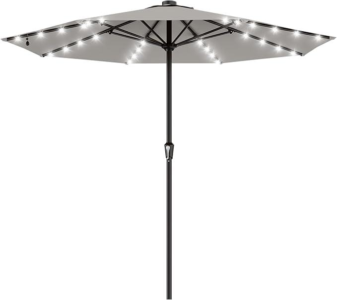 AreShark 11FT Large Patio Umbrella with Solar Lights, Lighted Solar Umbrella with Crank, Outdoor Table Market Umbrellas for Garden, Deck, Backyard, Pool and Beach, Light Gray