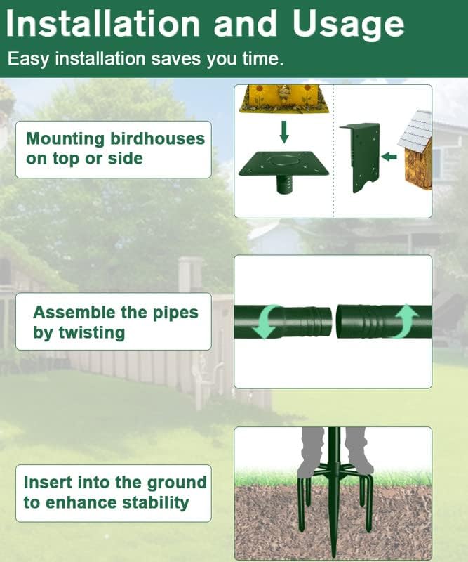 90Inch Heavy Duty Bird House Pole Mount Kit with Frosted, Bird Feeder Pole Kit with 5 Prongs Base and 2 Plates, for Outdoor, Yard, Garden, Green(Birdhouse Not Include)