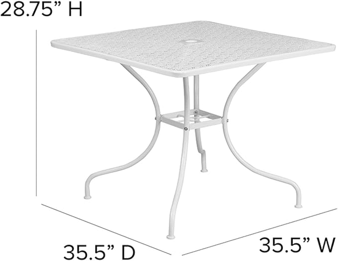 Flash Furniture Oia Commercial Grade 35.5" Square White Indoor-Outdoor Steel Patio Table with Umbrella Hole