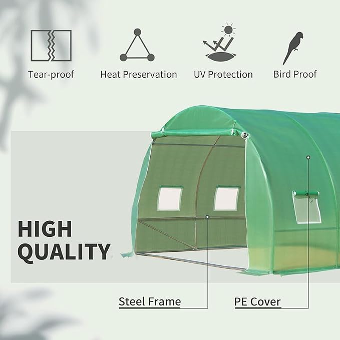 Outsunny 10' x 10' x 6.5' Walk-in Tunnel Hoop Greenhouse, Green House for Outside with PE Cover, Steel Frame, Roll-Up Zipper Door & Windows for Flowers, Vegetables, Tropical Plants, Green