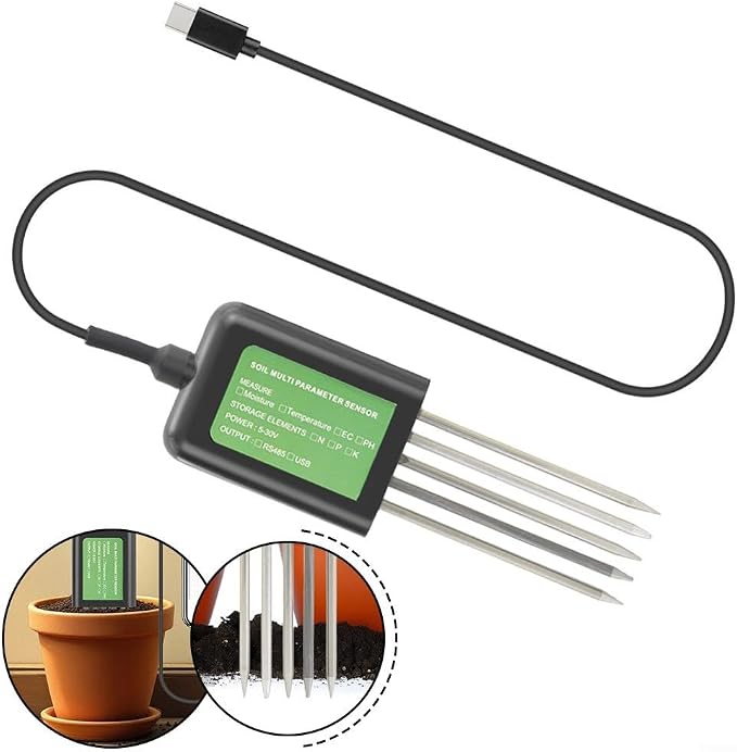 USB Soil Sensor 7-in-1 Tester For Moisture, Soil Analysis Tool, Temperature, PH & NPK Nutrients - IP68 Digital Meter For Agriculture, Gardening & Research Farming, Floriculture