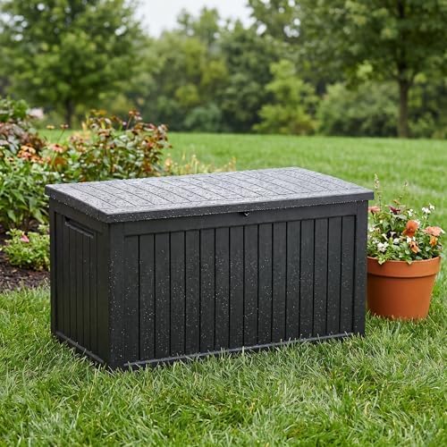 230 Gallon Deck Box, Waterproof Resin Rattan Outdoor Storage Box with Lockable Lid, Fade Resistant Patio Storage Box for Garden Tools, Pool Accessories, Outdoor Cushions, Black