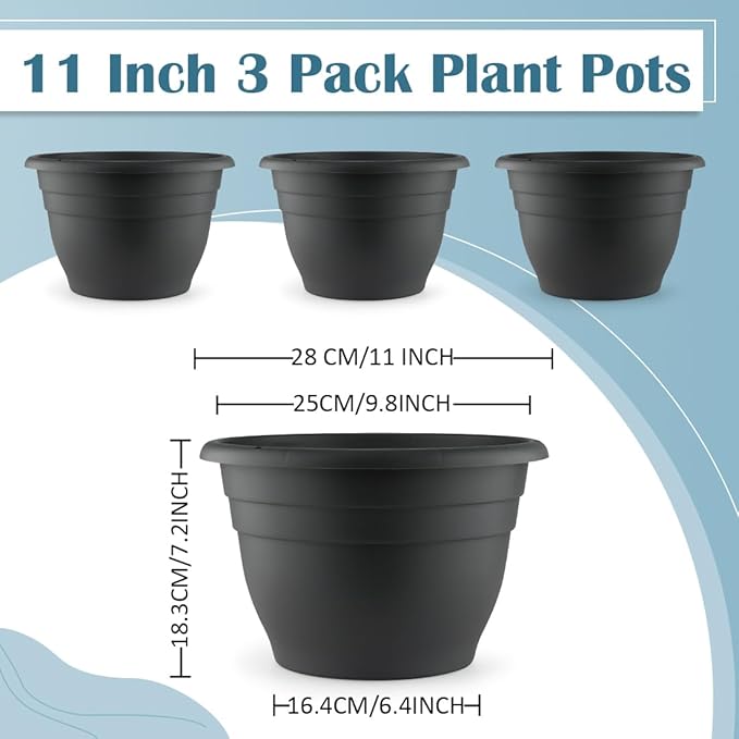 RooTrimmer 3 Pack 11 Inch Plant Pots with Drainage Hole and Plug,Plastic Flower Pots for Indoor & Outdoor Plants,Lightweight Plant Pots Perfect for Herbs,Flowers & Succulents(Gray)