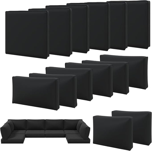 Aoxun 14pcs Patio Cushion Covers Replacement, Waterproof Outdoor Furniture Cushion Covers with Zipper and Non-Slip Bottom, Patio Sofa Couch 3 Sizes for Patio Sectional, Covers Only (Black)