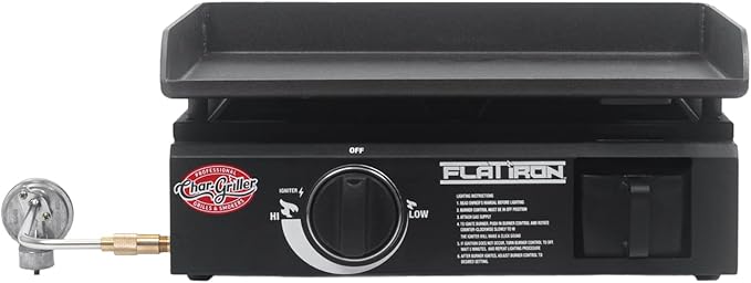 Char-Griller® Flat Iron 1-Burner Portable Propane Gas Flat-Top Griddle with Steel Griddle Top, Includes Electronic Ignition, 265 Cooking Square Inches in Black, Model E8217