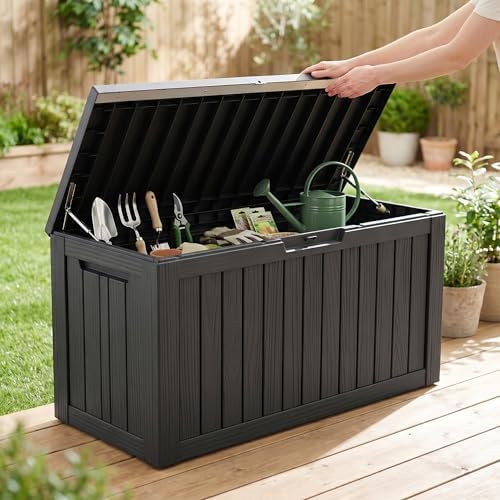 80 Gallon Deck Box, Waterproof Resin Outdoor Storage Box with Lockable Lid, Patio Storage Box Featuring Fade Resistant for Patio Furniture Cushions, Pool Accessories, Garden Tools, Black