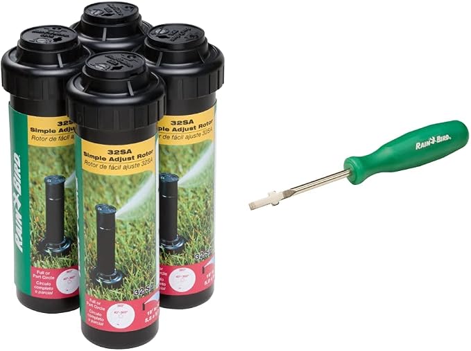 Rain Bird 32SA/4PKS Simple Adjust 32SA Gear Drive Rotor, Adjustable 40° - 360° Pattern, 19' - 32' Spray Distance, 4-Pack CPROTTOOL Rotor Pull-Up Tool and Adjustment Screwdriver