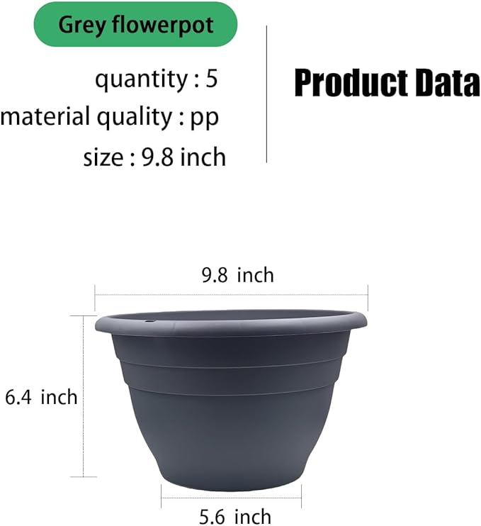 RooTrimmer 5 Pack 10 Inch Plant Pots for Indoor Outdoor,Plastic Floor Planters with Drainage Holes,Lightweight Flower Pots for Home,Patio & Garden(Grey)
