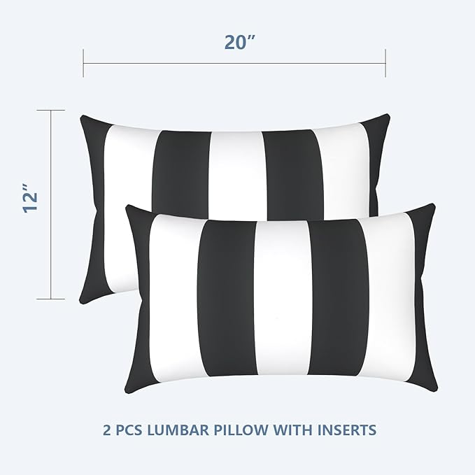 LVTXIII Outdoor/Indoor Lumbar Pillows, Decorative Patio Lumbar Cushions, Fluffy Water Repellent Garden Cushions for Home Patio Coach Sofa Use, 12×20 Inch, Pack of 2, Cabana Black