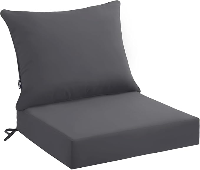 PatioGlow Outdoor Seat Cushion Set 22 x 22 x 4 Inch, Waterproof & Fade Resistant Patio Furniture Cushions with Removable Cover and Ties, Thick Deep Seating Pads for Outside Chair Sofa Couch, Grey