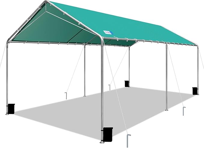 10'x20' Carport Heavy Duty Galvanized Car Canopy with Included Anchor Kit, 3 Reinforced Steel Cables, Green
