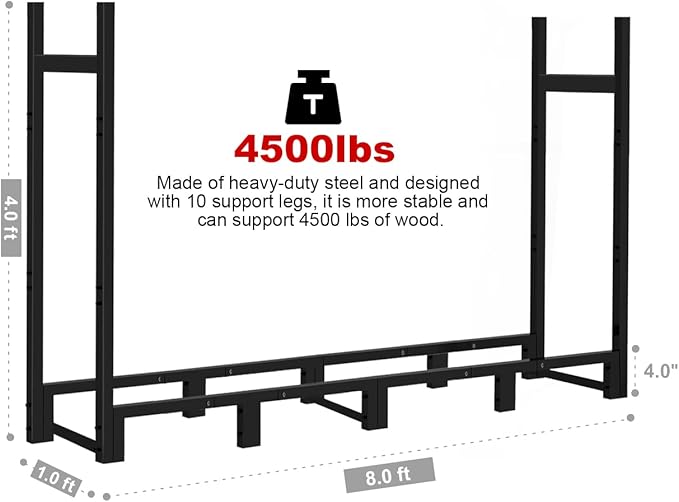 8ft Firewood Rack Outdoor Adjustable Heavy Duty Wood Rack Fire Wood Holder for Indoor Storage Fireplace Metal Lumber Organizer Stand Stacker, Black