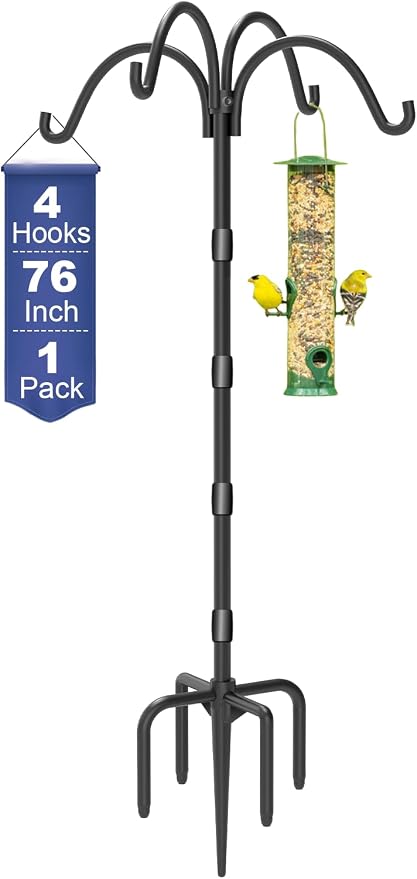 Upgrade 4-Hook Shepherds Hooks for Outdoor with Plastic Tube, 76" Heavy Duty Bird Feeder Pole with 5 Prongs Base, Adjustable Garden Hook for Solar Light, Hanging Plant, Wedding Decor, 1 Pack