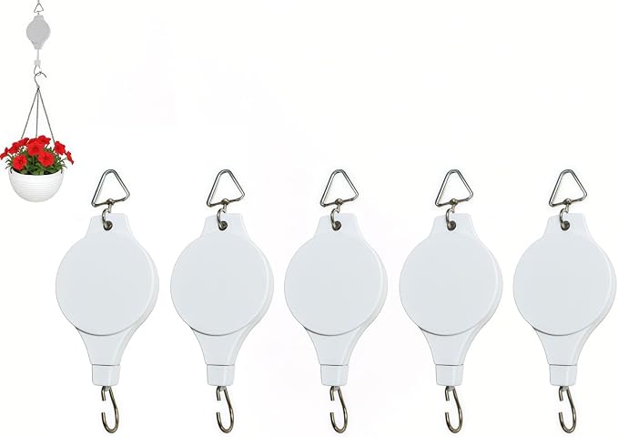 5PCS Heavy Duty Retractable Plant Hanger, Upgraded Plant Pulleys, Easy to Raise & Lower for Hanging Plants, Flower Pots, Hanging Planters, Bird Feeders (White-5PCS)