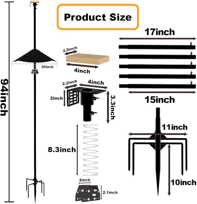 Smart Bird Feeder Pole With Metal Squirrel Baffle,94 Inches Bird House Poles For Outdoors,1-Inch Dia Heavy-Duty Pole For Bird Feeder,Squirrel Proof Baffle with Stainless Steel Spring for Defense.