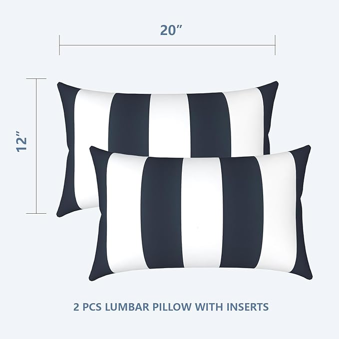 LVTXIII 12×20 Inch Outdoor Lumbar Pillows, Pack of 2 Water Repellent Lumbar Pillow with Inserts, Fluffy Decorative Garden Lumbar Cushions for Home Patio Coach Sofa Use, Cabana Navy