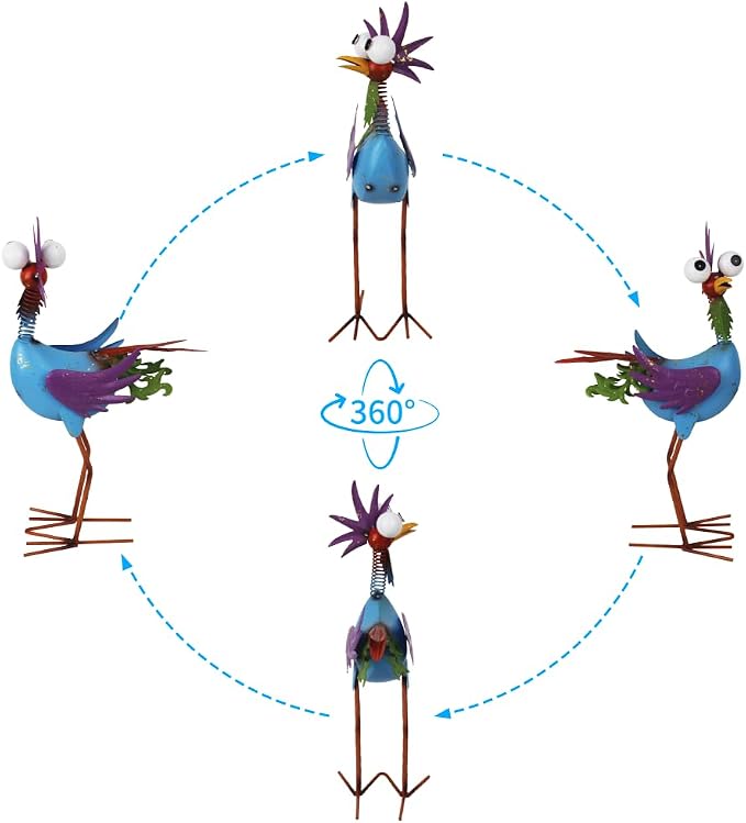 Metal Wacky Rooste Garden Statue, 17‘’ Rooster Decor Yard Statue Decorations Outdoor, Chicken Yard Art for Outside, Patio, Backyard, Lawn (Blue & Purple)