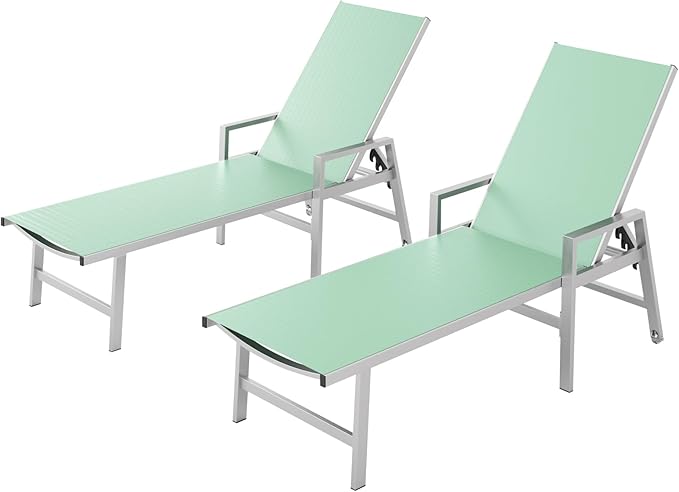 Patio Chaise Lounge Chair Outdoor Set of 2 with Wheels&Armrests, Aluminum Pool Lounge Chairs Five-Position Adjustable Recliner, Outdoor Beach Lounge Chairs for Poolside, Patio, Deck, Yard, Light Green