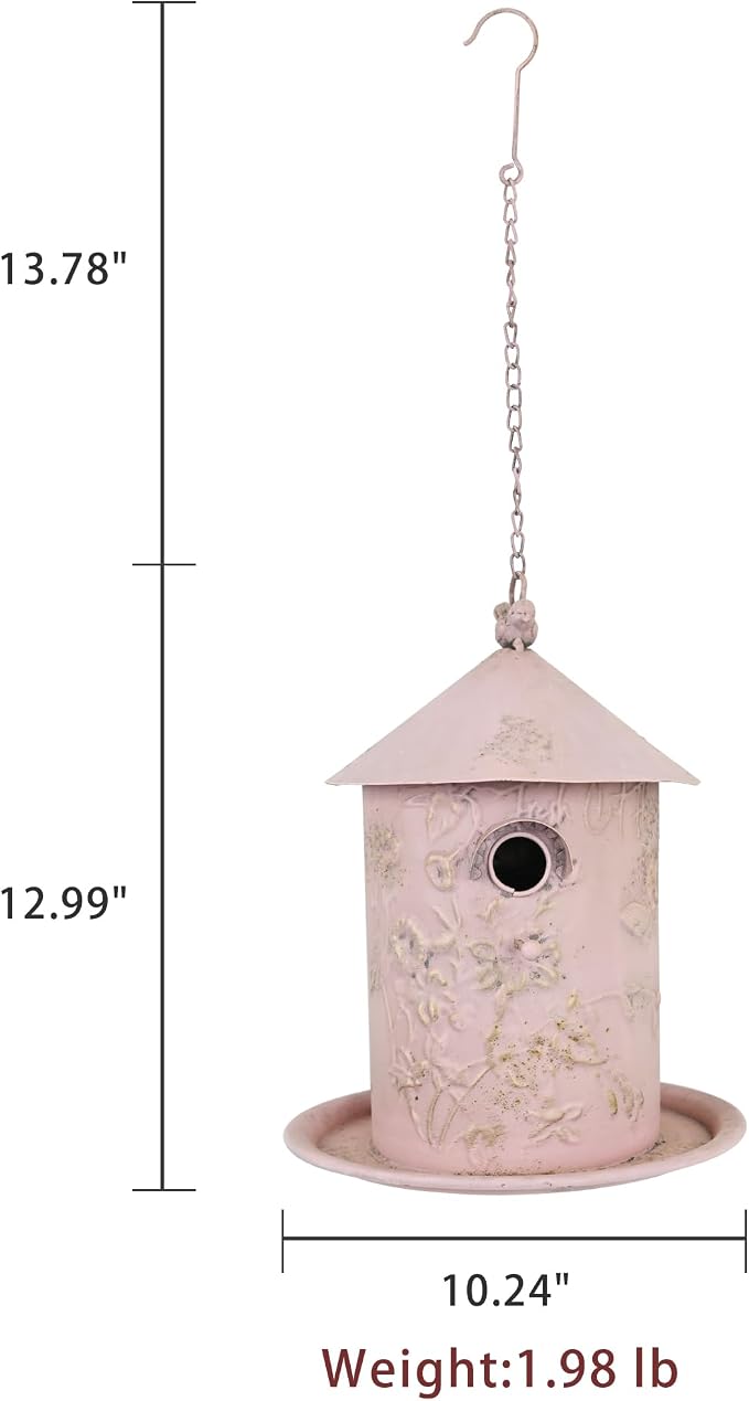 Vintage Pink Metal Bird House Feeder, Distressed Floral Embossed Hanging Birdhouse with Tray, Rustic Farmhouse Decorative Bird Nest Box for Outdoor Garden, Patio, Yard