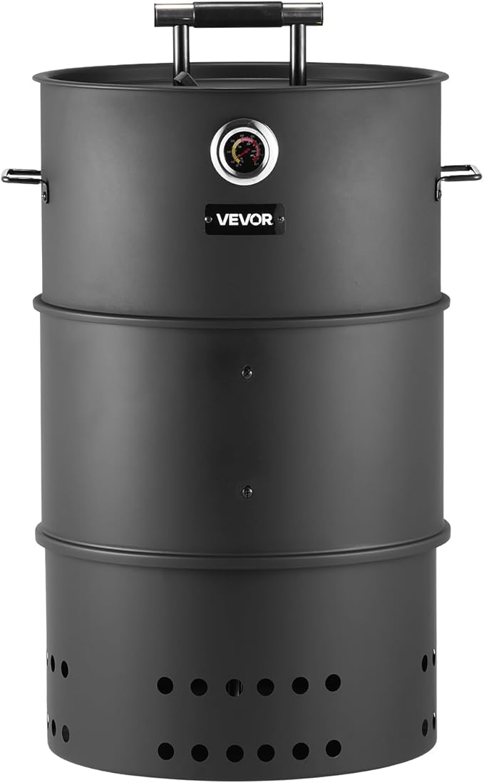 VEVOR Charcoal Smoker Grill, 18.5" Barrel Charcoal BBQ Smoker, Coated Steel Outdoor Barbecue Grill with 2 Grilling Grates, 1 Hanging Rod, 6 Hooks & Thermometer, Ideal for Party Backyard Patio Cooking