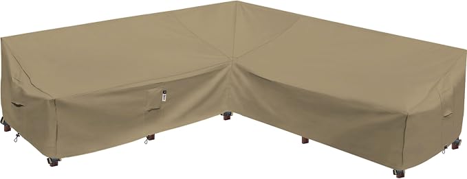 Heavy Duty Outdoor Sectional Sofa Cover, 130-inch L-Shaped Waterproof 600D Patio Furniture Covers, Lawn Patio Couch Protector(Desert Khaki, V-Shaped-130" x 130")