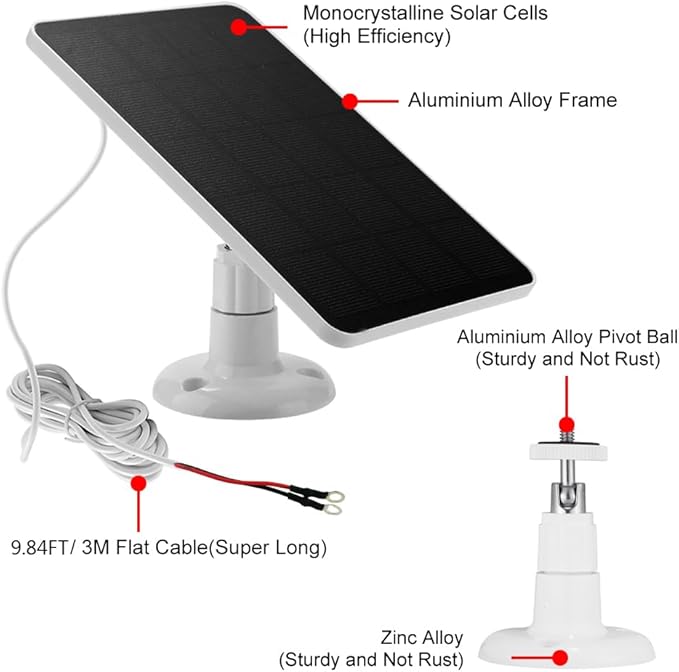 Solar Panel for Ring Doorbell, 5W Solar Panel Camera Charger Cable Compatible with Ring Video Doorbell 2, Doorbell 3, Video Doorbell 3+, Doorbell 4, etc.Battery Operated Doorbells, 10FT Cable (White)