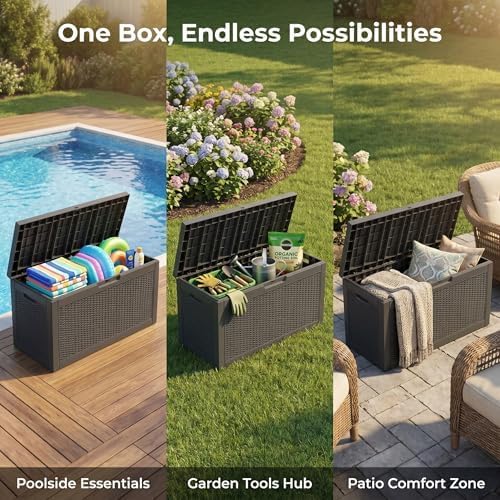 60 Gallon Deck Box, Waterproof Resin Outdoor Storage Box with Lockable Lid, Patio Storage Box Featuring Fade Resistant for Patio Furniture Cushions, Pool Accessories, Garden Tools, Black