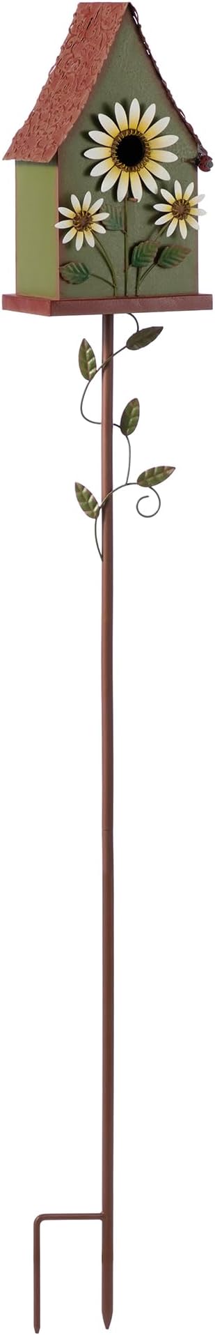 Glitzhome Birdhouses for Outdoors, Bird Houses Stake for Outside, 52.5" H Metal Bird House Decorative Daisy Birdhouse with Stake for Garden Patio Backyard (Green)