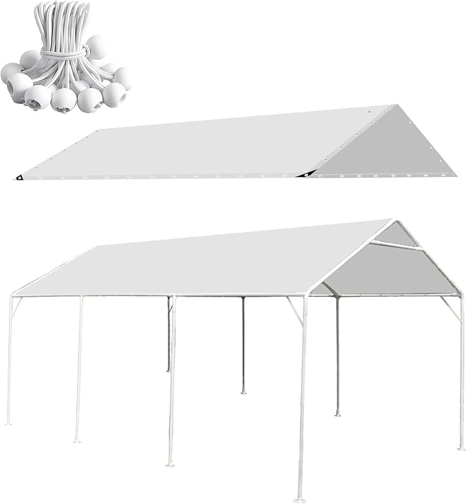 10 x 20 Ft Heavy Duty Carport Replacement Canopy Waterproof UV Protected Garage Top Shelter Tarp Tent Cover with 44 Ball Bungees Cords, Only Top Cover, White