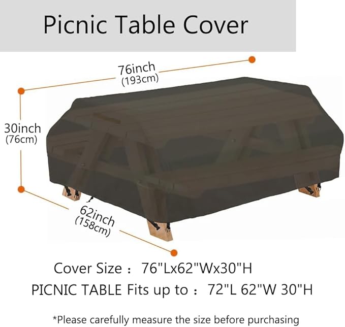 Picnic Table Cover Waterproof 70 / 72 Inch 600D Oxford Outdoor Table Cover with Bench Covers for Winter Black (6FT-70/72inch（Black）)