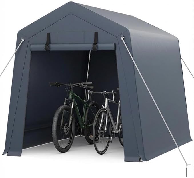 6x6x7 ft Portable Storage Shed, Heavy-Duty Waterproof UV-Resistant PE Canopy, with Roll-Up Zipper Door & Vent, Outdoor Garage Carport Shelter for Motorcycle, Mower, Bike & Garden Tools, Grey