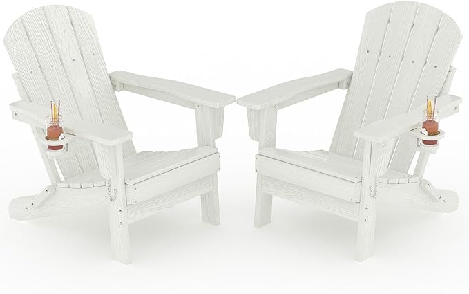 GarveeLife Folding Adirondack Chair Set of 2, All-Weather HDPE Outdoor Chair, Wooden Textured with Cup Holder for patios, Decks, Gardens, fire pits, White