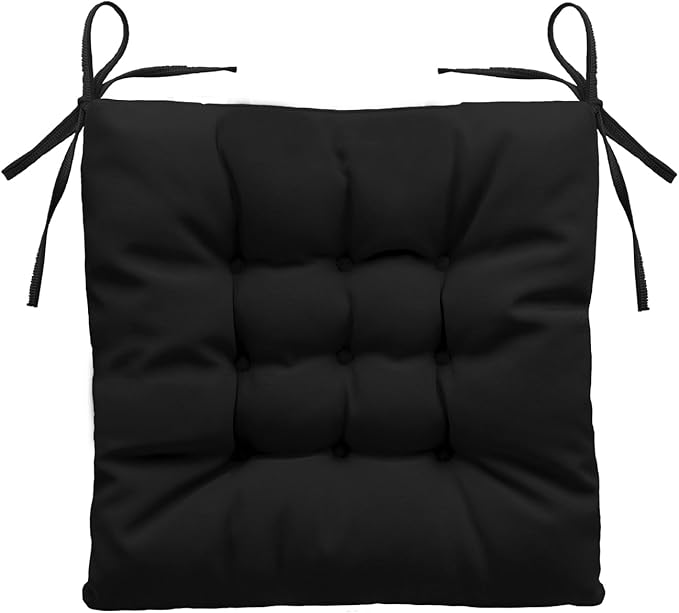 Outdoor Indoor Tufted Chair Cushions, Seat Cushions with Ties, Chair Pads Waterproof for Porch Kitchen Office Garden Black 16" x 16", Set of 1