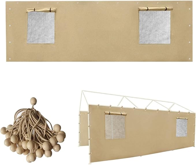 Carport Sidewall Panel with Mesh Windows and Elastic Ball Bungees, for 10x20 FT or 12x20 FT Garage Party Tent Shelter - Beige, One Sidewall Panel Only