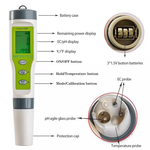 3-in-1 Waterproof Multifunction Digital Meter, Measures Electrical Conductivity (EC), pH and Temperature Functions Specially Designed for Hydroponic Systems
