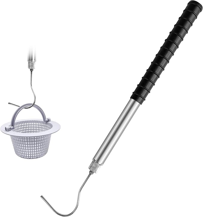 Pool Skimmer Basket Hook, 22 Inch Stainless Steel Pool Skimmer Handle, Skimmer Basket Handle, Pool Basket Lid Lifting Hook with Anti-Slip Handle for Inground Pools Skimmer Basket Debris Removal