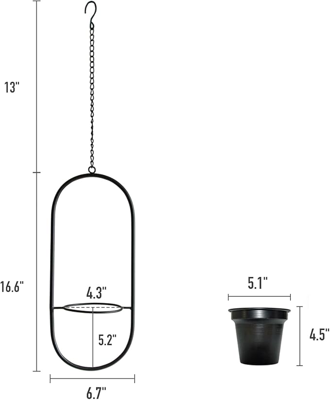 Modern Metal Hanging Planters with 5 Inch Pots - Set of 2 Oval Geometric Plant Hangers - Black Wall and Ceiling Mount Flower Holders for Indoor and Covered Outdoor Houseplants