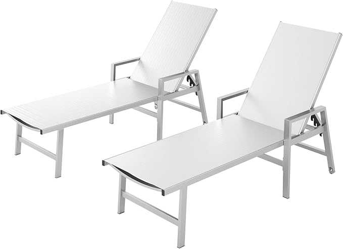 Patio Chaise Lounge Chair Outdoor Set of 2 with Wheels&Armrests, Aluminum Pool Lounge Chairs Five-Position Adjustable Recliner, Outdoor Beach Lounge Chairs for Poolside, Patio, Deck, Yard, White