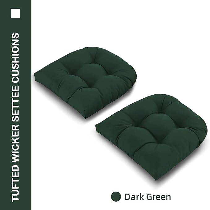 Outdoor Chair Cushions Set of 2, 19x19x4 Inch Seat Pads with Ties for Patio Wicker Chairs Garden Dining Chair, Indoor Outside Use, Fade-Resistant & Waterproof, Dark Green