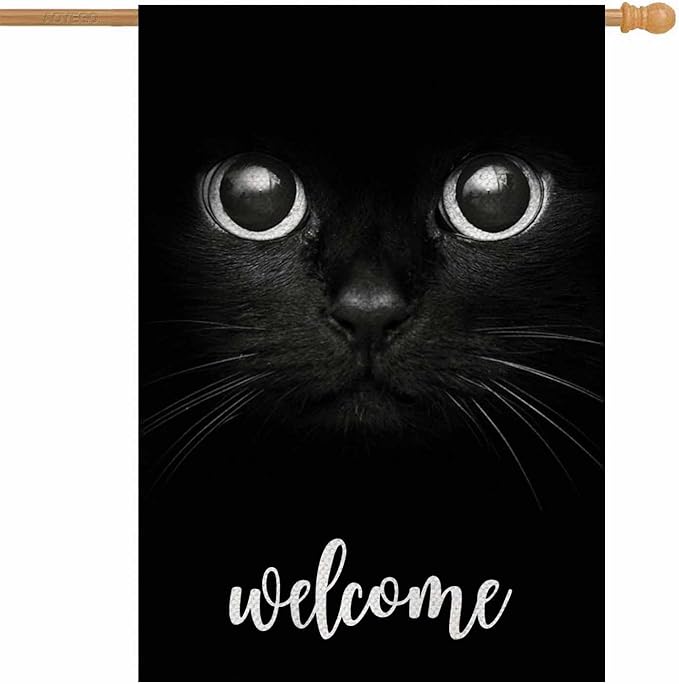 AOYEGO Cat Welcome House Flag 28 x 40 Inch Large Vertical Double Sided Black Cat Show Two Eyes Seasonal Outside Décor for Garden Yard Farmhouse Flags