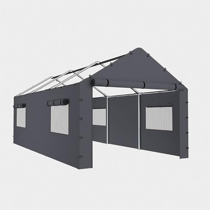 10 * 20 FT Carport Replacement Sidewall kit Panel Set of 4 with Mesh Windows and Double Head Zippers, 180G PE Waterproof & UV Protected Replacement Sidewall Cover, Gray