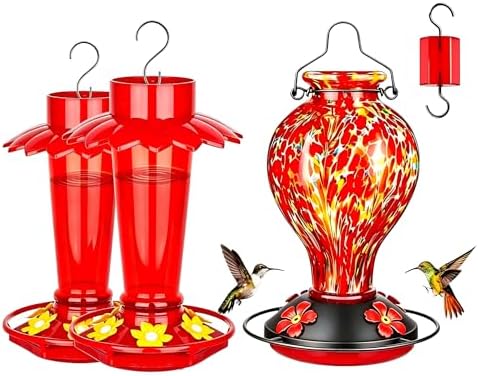 Bundle with 1 Pack Hand Blown Glass Hummingbird Feeders&2 Pack Plastic Hummingbird Feeders for Outdoors