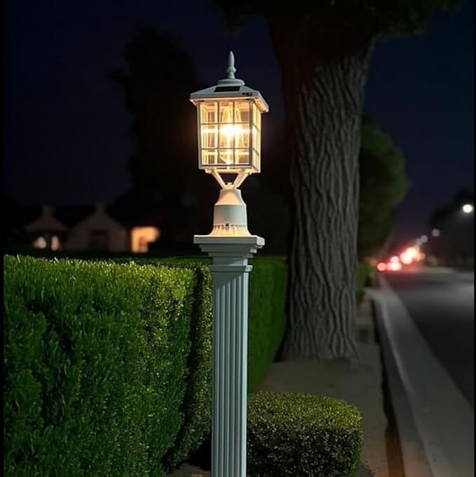 ST4224Q-W Solar Post Light Outdoor Led Squared Frame Fixture with 3" Pier Mount Base for Garden Street Pole Landscape Yard Driveway Entryways (White)