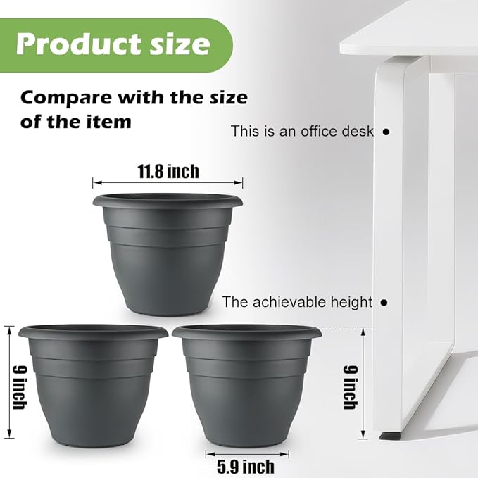 RooTrimmer 12 Inch Plant Pots, Large Planters for Outdoor Plants, Plastic Flower Pots - Durable and Lightweight with Drainage Holes (3 Packs, Gray)