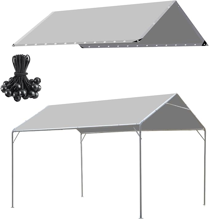 10 x 20 Ft Heavy Duty Carport Replacement Canopy Cover Waterproof & UV Protected Car Garage Top Tent Shelter Tarp Cover with 44 Ball Bungees Cords, Only Top Cover, Grey, Gray