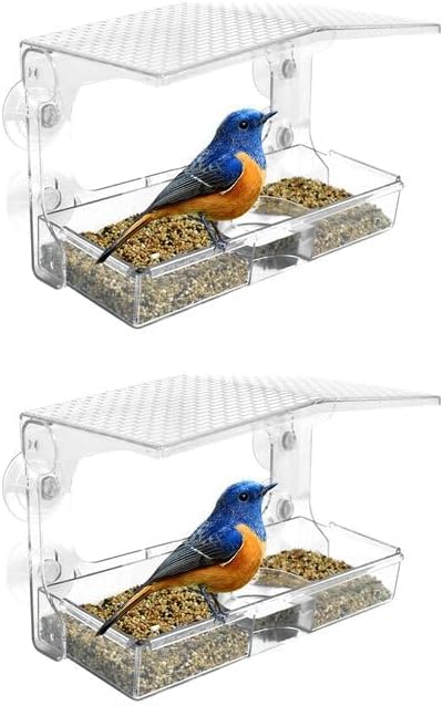 Clear Window Bird Feeder with 5 Extra Strong Suction Cups, Acrylic Wildlife Seed Feeder， as an Outdoor Transparent Bird Watching Gift, Easy-to-Clean, Garden Decor-2 Pack