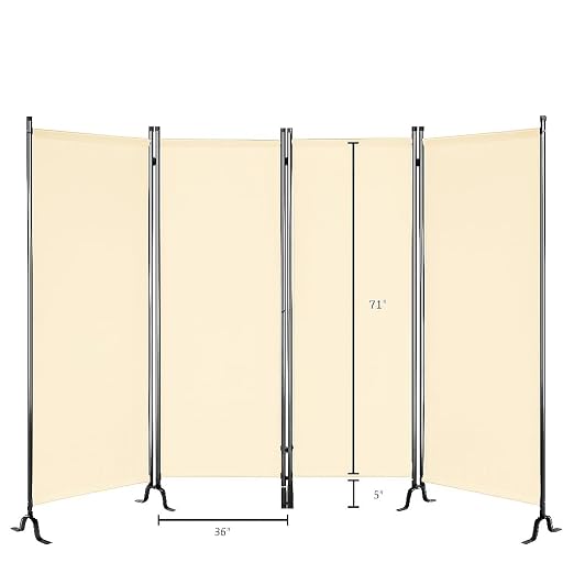 Proman Products - Galaxy 4 Panel Section Privacy Folding Screen Divider, Water Repellent Fabric Room Divider with Black Powder Coated Metal Frame for Indoors or Outdoors (Beige)
